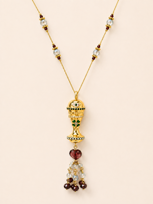 Collier réglable LE PENDULE en labradorite, grenat et perles, doré à l’or fin 18 carats